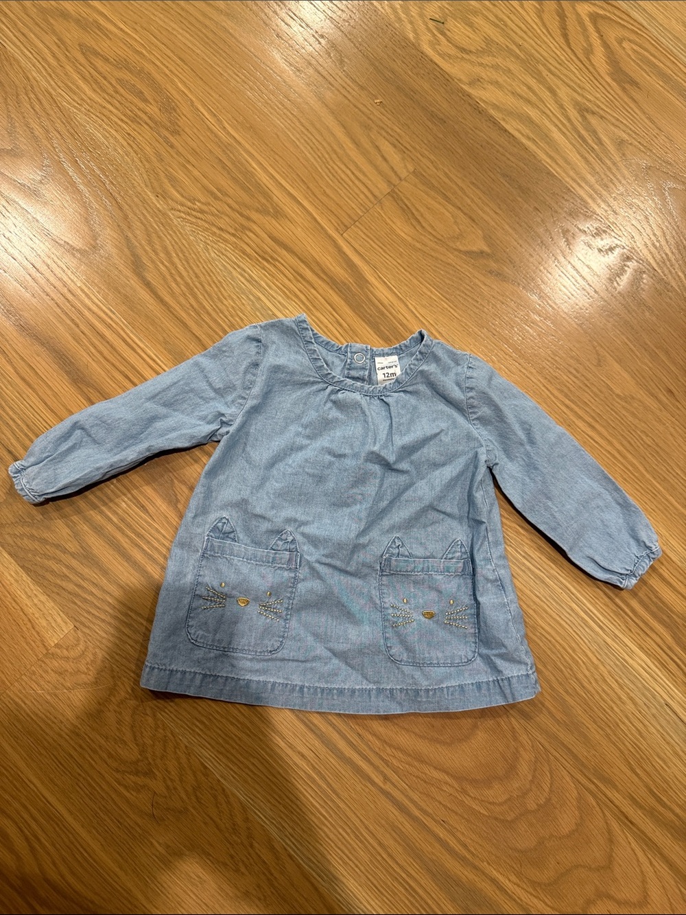 Carter's Light Blue Denim-Look Long Sleeve Dress with Cat Pocket Embroidery 12m